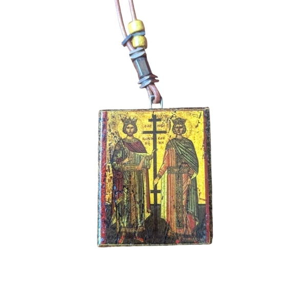 Orthodox Byzantine Necklace St Constantine St Helen Greek Wood Pendant - Picture 2 of 7